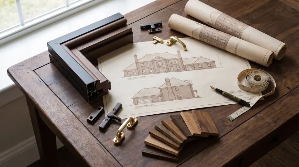 Elevation drawings with window corner samples, hardware and wood swatches