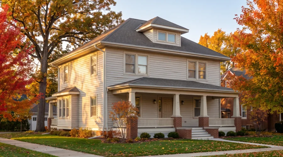 A Glen Ellyn foursquare today: faded beige siding and dated windows