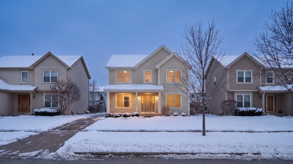 A snowy suburban street at dusk: the center house before, dated like its neighbors