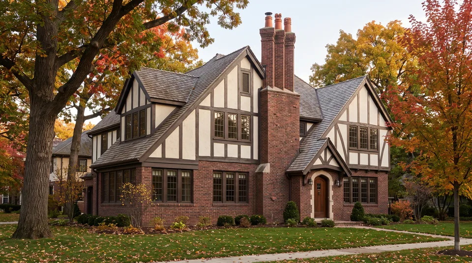 Hinsdale Tudor after: dark divided-lite windows